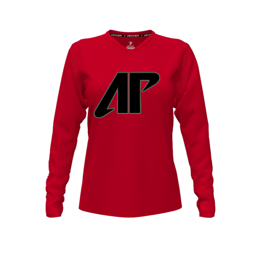 [CUS-DFW-TEES-CMF-VNK-LSL-RED-FYXS-LOGO1] Decker Comfort T-Shirt (Female Youth XS, Red, V Neck, Logo 1, Long Sleeve)