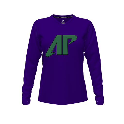 [CUS-DFW-TEES-CMF-VNK-LSL-PUR-FYXS-LOGO3] Decker Comfort T-Shirt (Female Youth XS, Purple, V Neck, Logo 3, Long Sleeve)