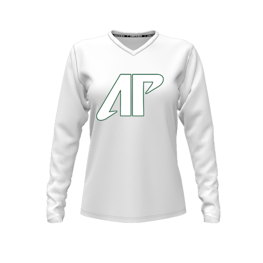 [CUS-DFW-TEES-PER-VNK-LSL-WHT-FYXS-LOGO2] Decker Performance T-Shirt (Female Youth XS, White, V Neck, Logo 2, Long Sleeve)