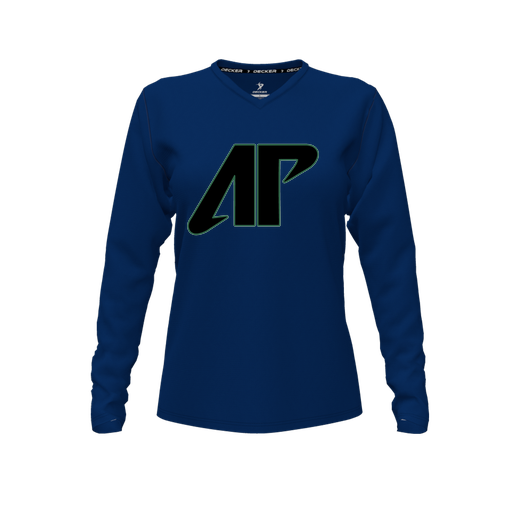 [CUS-DFW-TEES-PER-VNK-LSL-NVY-FYXS-LOGO1] Decker Performance T-Shirt (Female Youth XS, Navy, V Neck, Logo 1, Long Sleeve)