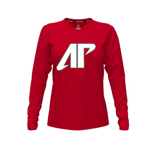 [FTLVPTRD-FYXS-LOGO2] Decker Performance T-Shirt (Female Youth XS, Red, V Neck, Logo 2, Long Sleeve)